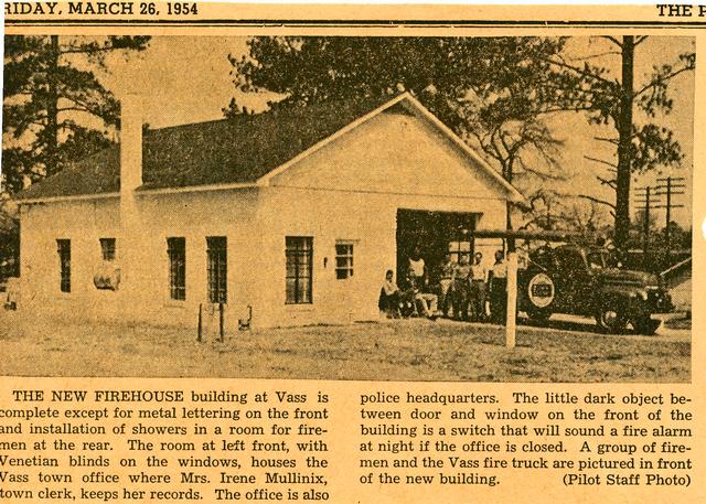 Photo and Caption from The Pilot Newspaper in 1954 about the &quot;New Firehouse&quot; in Vass.